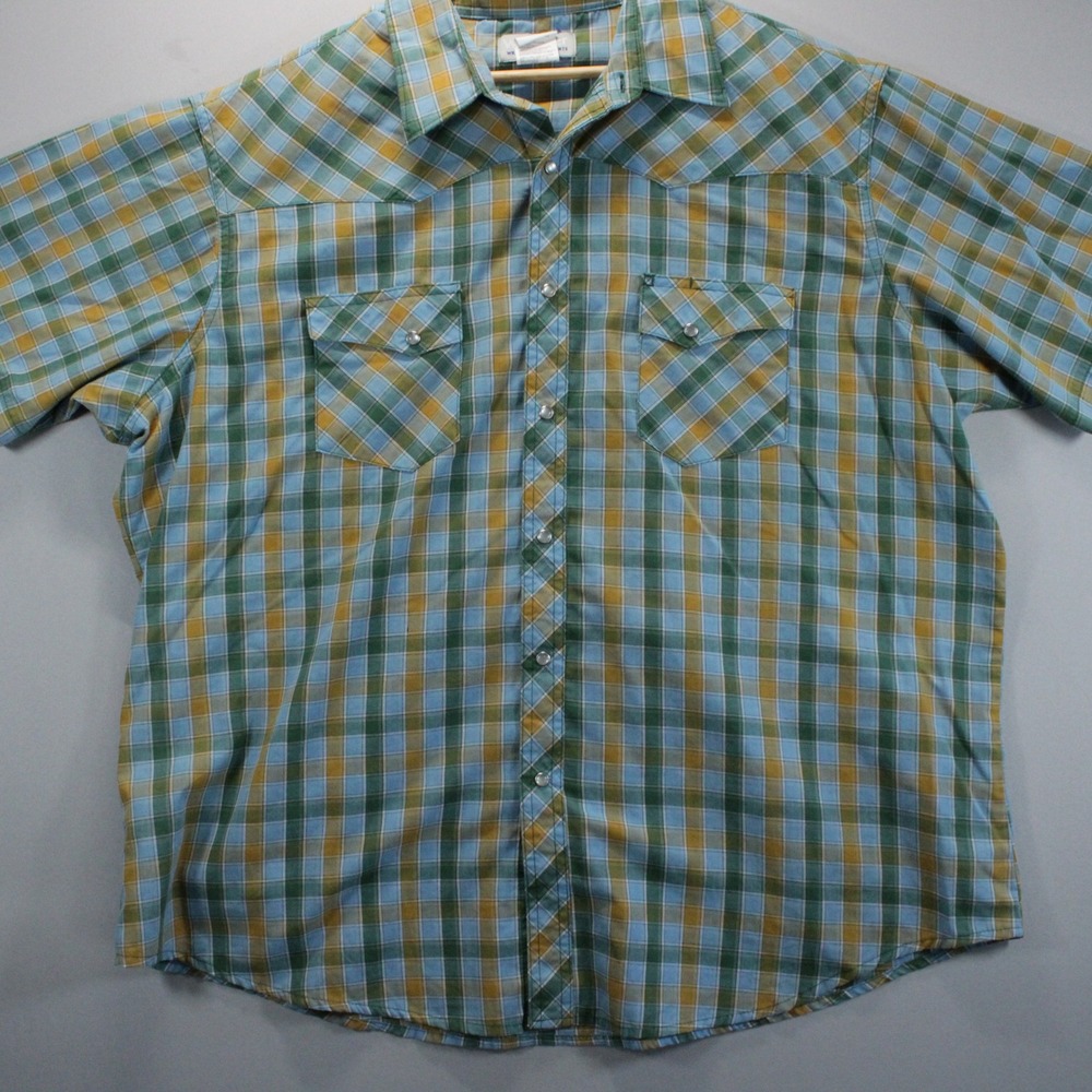 Wrangler Wrancher Mens L Plaid Pearl Snap Western Shirt Blue Green Rodeo Cowboy